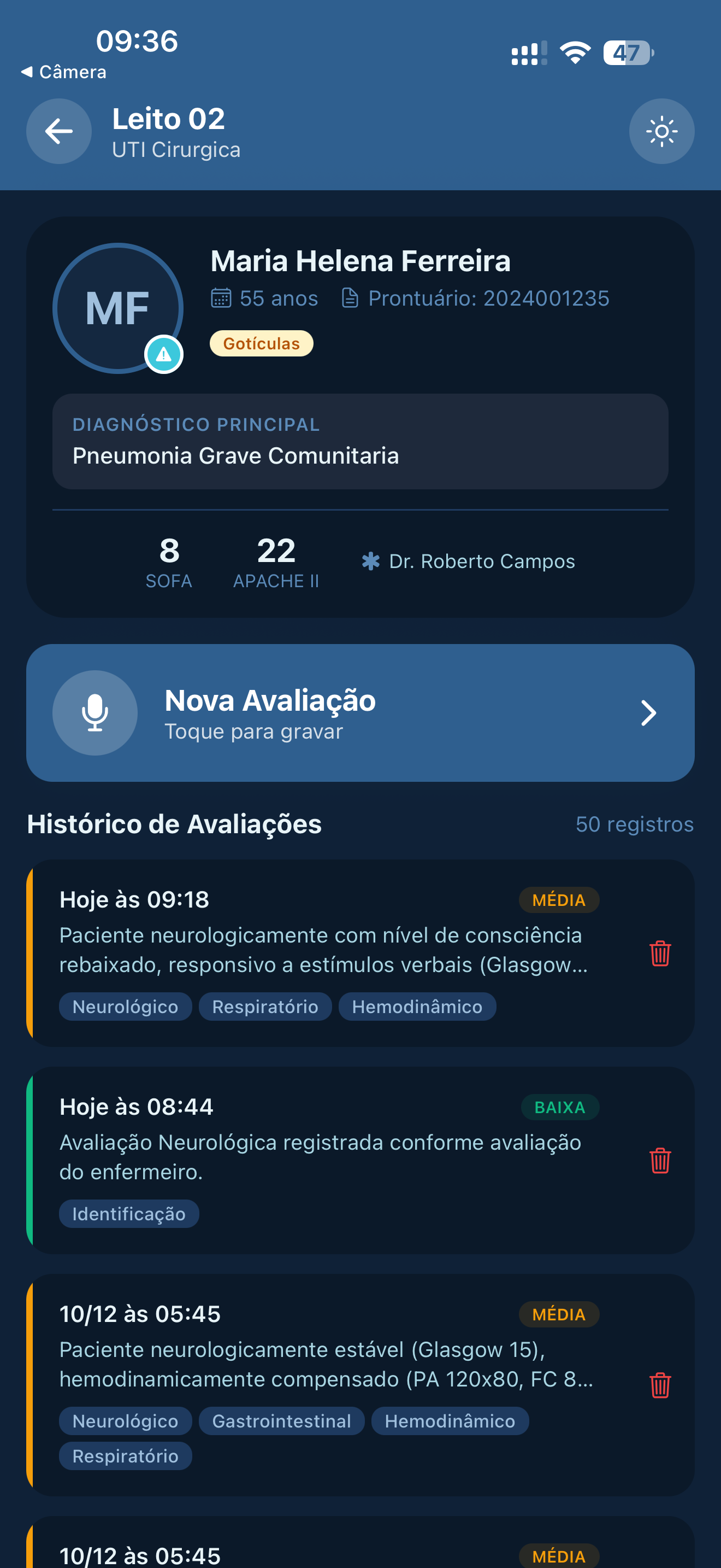 Tela do leito (modo escuro)